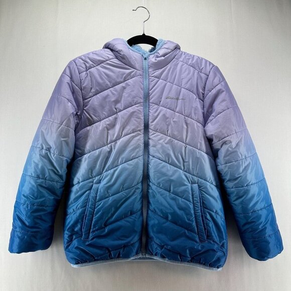 Eddie Bauer Other - Eddie Bauer Jacket Kids L Ombre Faux Fur Reversible Puffer Hoodie Purple Blue